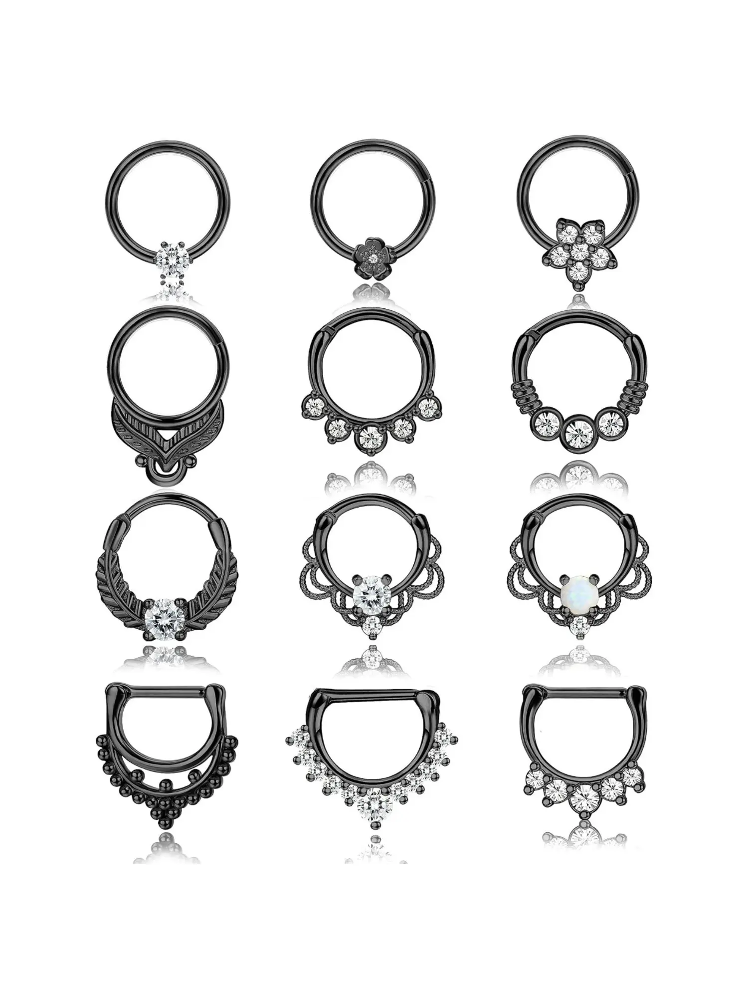 12 Pcs Black Vintage Septum Nose Rings Hinged Clicker Hoop Set for Women Men Stainless Steel Copper Inlaid Zirconia Opal Nose Hoops Gothic Floral Leaf Lace Dangle Septum Piercing Jewelry Hypoallergenic Nose Piercing Rings