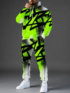 Fluorescent Splatter Graffiti Hoodie Set, American High Street Unisex Casual Sweatshirt and Pants Two-Piece Set, Fall & Winter