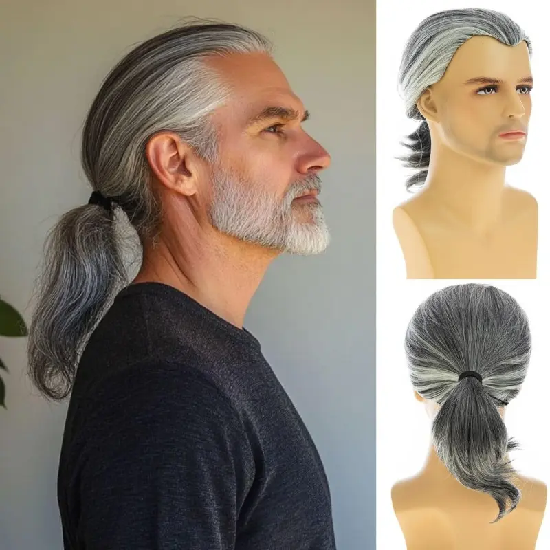 Men's Silver-Gray Synthetic Material Wig - High-Crown Textured Curly Slicked-Back Silver-Gray Ponytail, Elegant Yuppie Style for Business & Cosplay