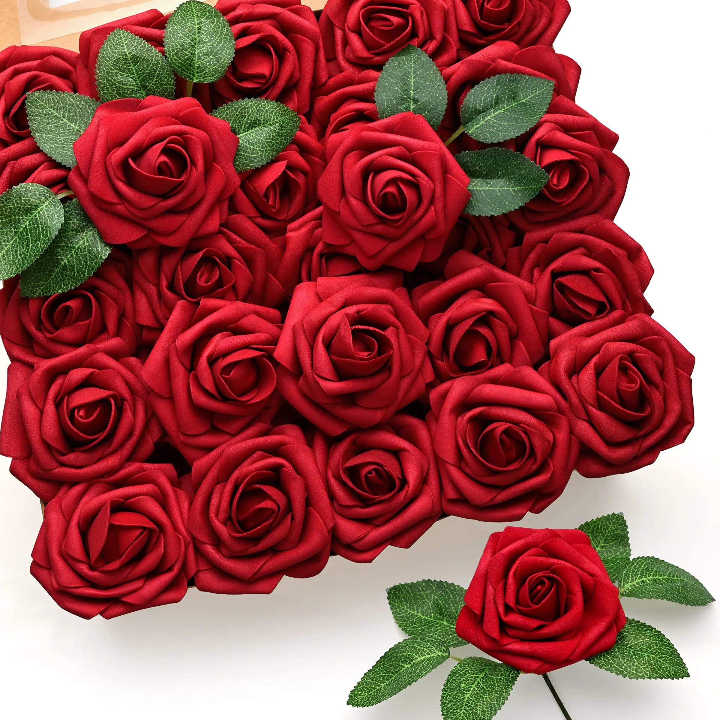 Red Roses Artificial Flowers, Decorative Faux Flower, 25 Pcs Foam Fake Roses Bulk with Stems for Mother's Day, Valentine's Day Decorations, DIY Wedding Bouquets, Centerpieces, Bridal Shower Party, and Christmas Tree,Free 25 sets of leave