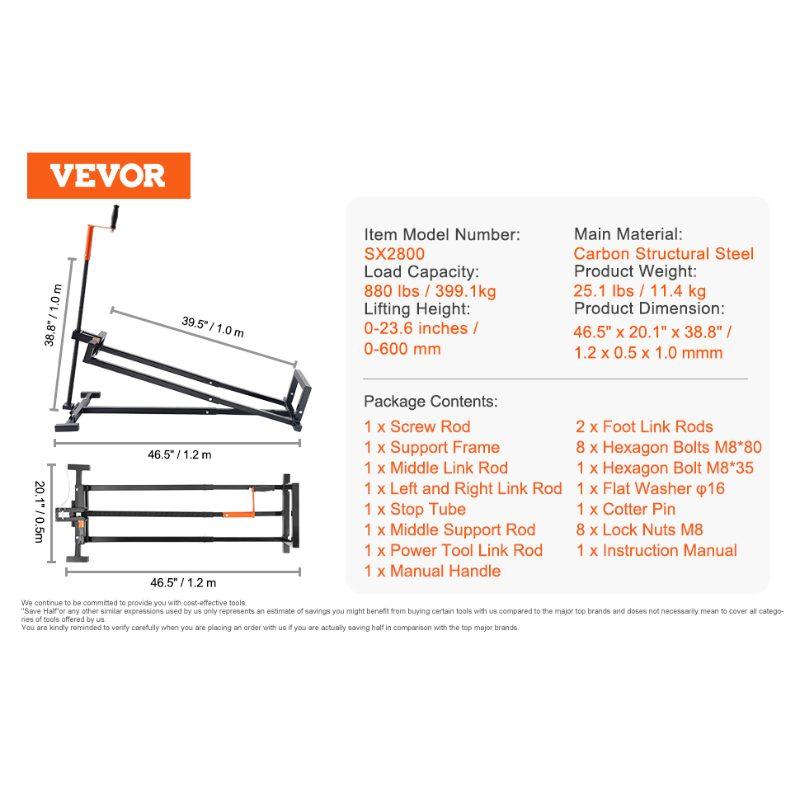 VEVOR Ride on Lawn Mower Lift Jack, 880 Lbs Weight Capacity, Telescopic Maintenance Jack with Crank Handle Power Tool Handle, Foldable Lawn Tractor Lifter for Lawn Mowers and Garden Tractors, Black