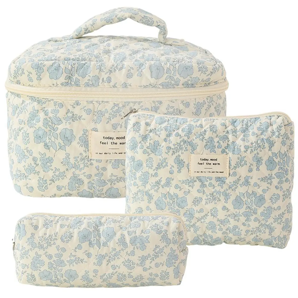 Cotton Floral Quilted Cosmetic Bag Set, Large Capacity Women Makeup Organizer, Lovely Flower Design Travel Toiletry Bag for Daily & Trip Use