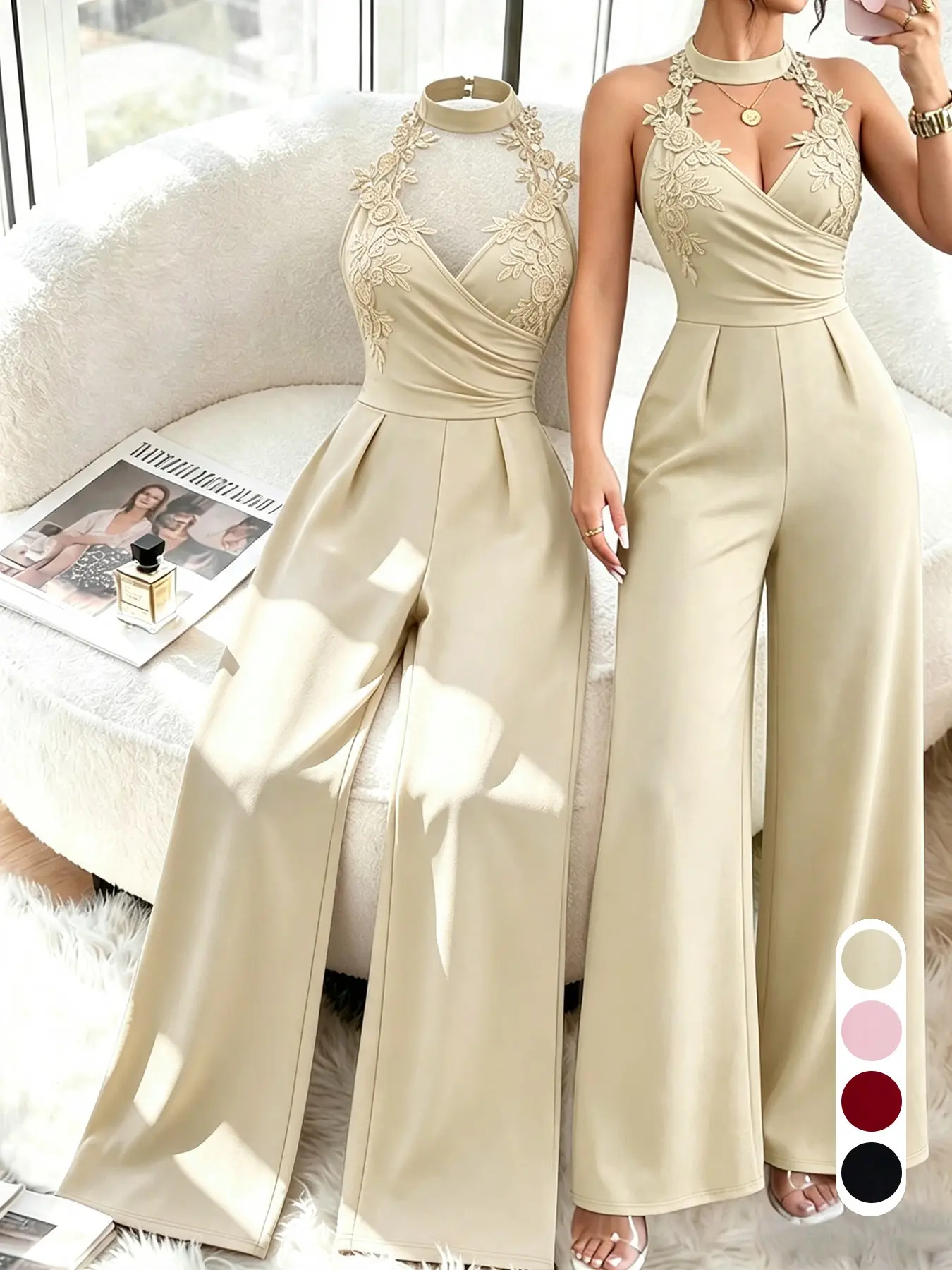Women Halter Lace Applique Jumpsuit Deep V Wrap Ruched High Waist Wide Leg Long Pants Elegant Party Jumpsuit elegant sexy clubwear night out date outfit evening wear cocktail outfit formal outfit