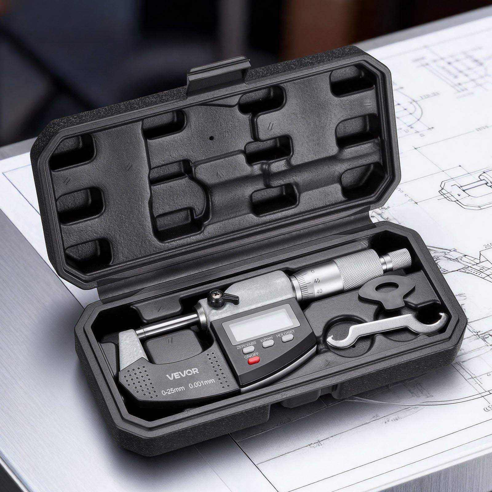 VEVOR Micrometer Set, Digital Outside Micrometer 0-1 inch Measuring Range, 0.00005" Resolution, Ultra-Precision 0.0001 Accuracy, LCD Screen, in/mm Switch, Carbide Tip, with Protective Case