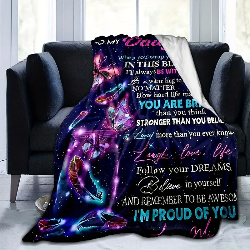 Purple Envelope Blanket for My Daughter - Soft Flannel Throw Blanket with Inspirational Words and Bright Butterfly Pattern, Lightweight Fleece Suitable for Sofa, Bed, Travel, Camping, Living Room, Office, Chair - Machine Washable