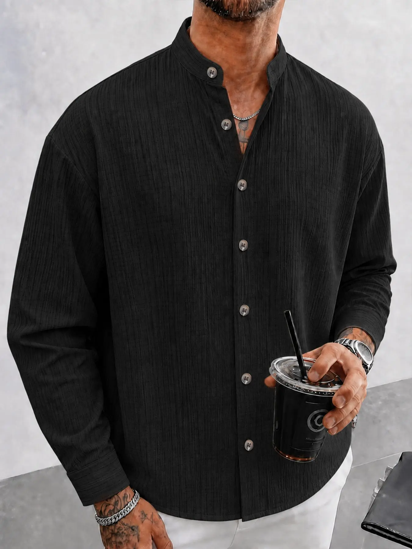 Men’s Textured Mandarin Collar Shirt, Long Sleeve Casual Button Down Top, Slim-Fitting, All Seasons, 2-Button Adjustable Cuffs