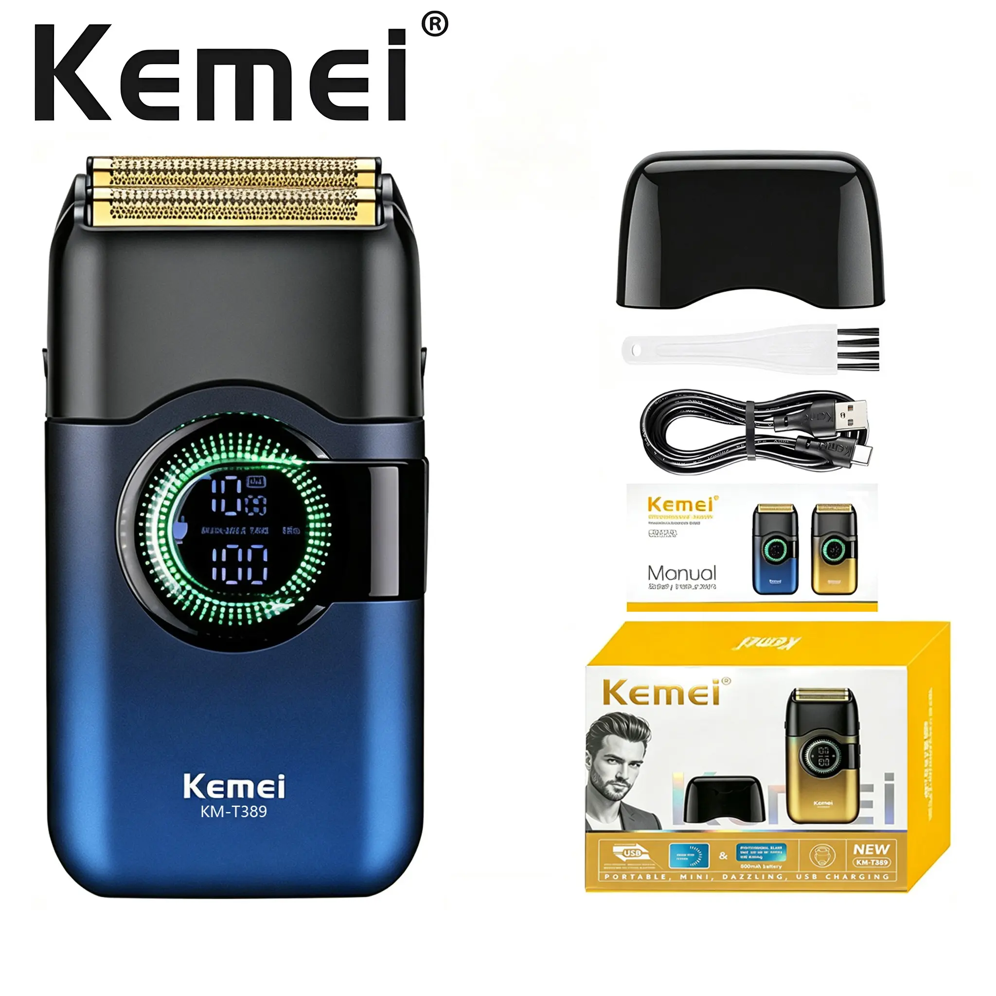 Essential Travel Shaver! Kemei Km-T389 Rechargeable Cordless Electric Razor, Men's Design, LED Time Display, Detachable Blade Head
