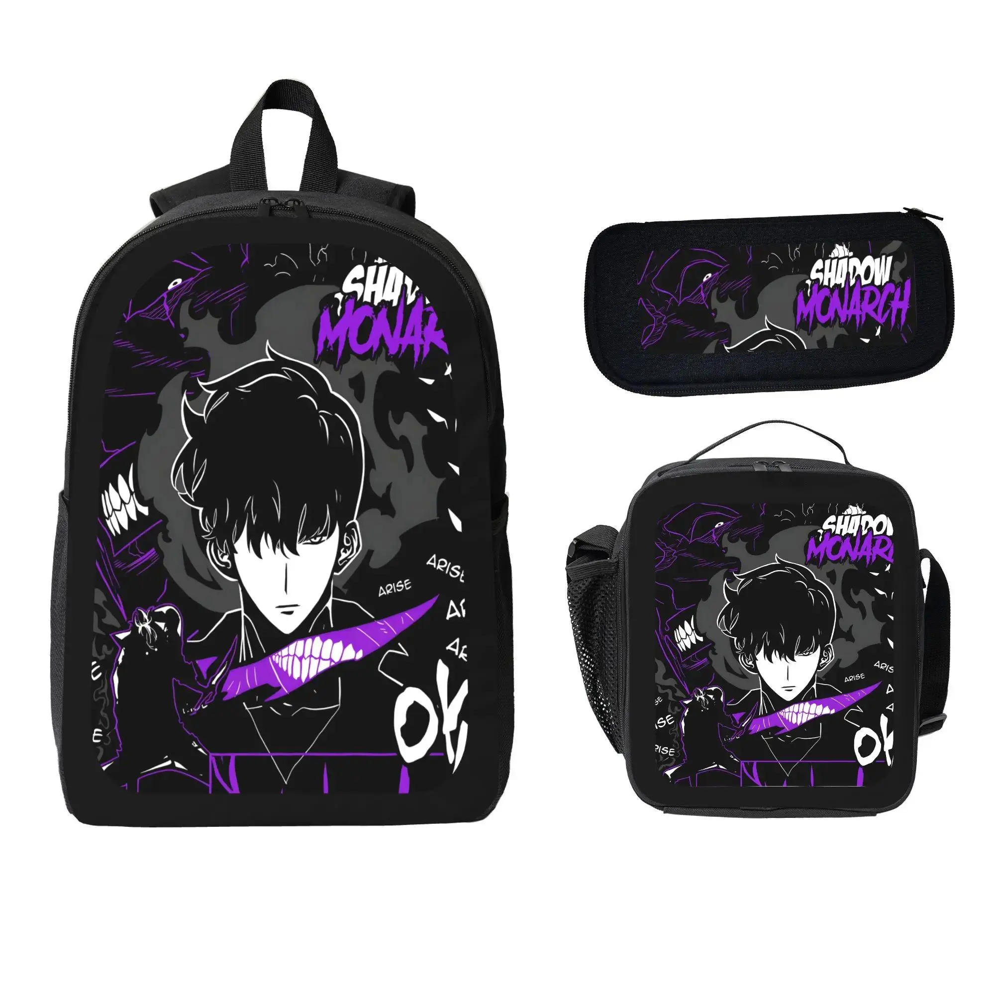 3-Piece Shadow Monarch Backpack Set with Shoulder Bag & Pencil Case, Dark-Style Graphic Print School Bag for Students, Unisex Zip Daypack