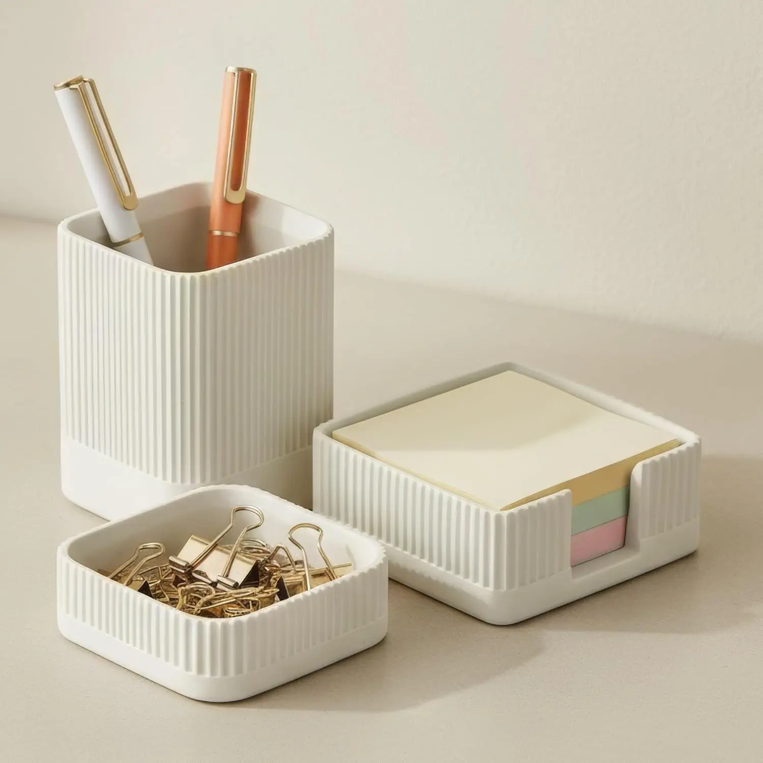 3-Piece Aesthetic Desk Organizer Set, Sturdy Concrete Desktop Office Accessories for Men Women, Fits Any Office Decor, Includes Pen Holder, Paperclip Storage and Sticky Note Holder