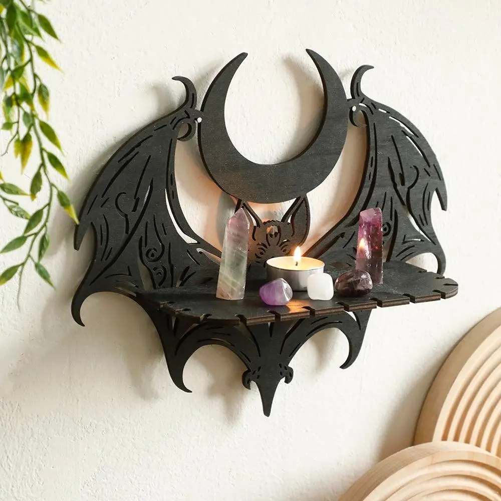 Half Moon Bat Crystal Display Stand, Gothic Wooden Wall Mount, Handmade Crystal Holder, Party Decor, Fantasy Bohemian Style