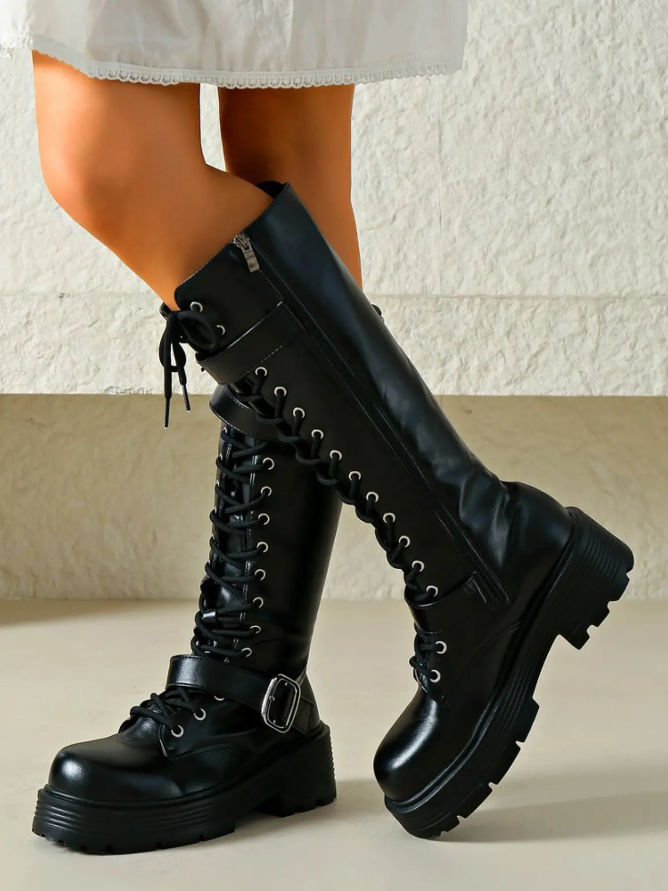 American Punk Lace-Up Metal Buckle High-Calf Knight Boots, Thick Sole Platform Side Zipper Streetwear, Fall & Winter Fashion Boots