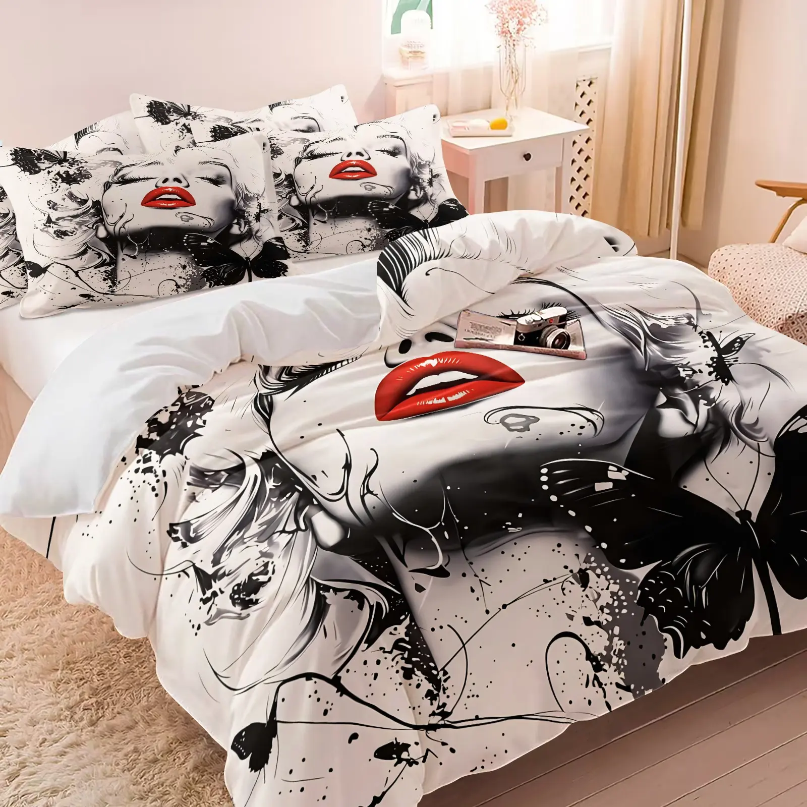 2/3Pcs Red Lips Butterfly Marilyn Art Decorative Duvet Cover Set Soft Microfiber Black White Vintage Glam Print Bedding Stylish Fashion Bed Cover No Comforter For Teen Girl Bedroom All Season Decor Printed Bedding Set