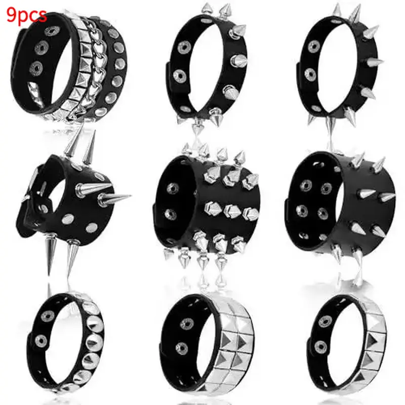 Men's & Women's 9-Piece Bracelet Set, Black Spiked Studded Rivet Punk Open Cuff Bangle, Snap-Button Metal Wristband, Grunge Accessories, Stack Bangles
