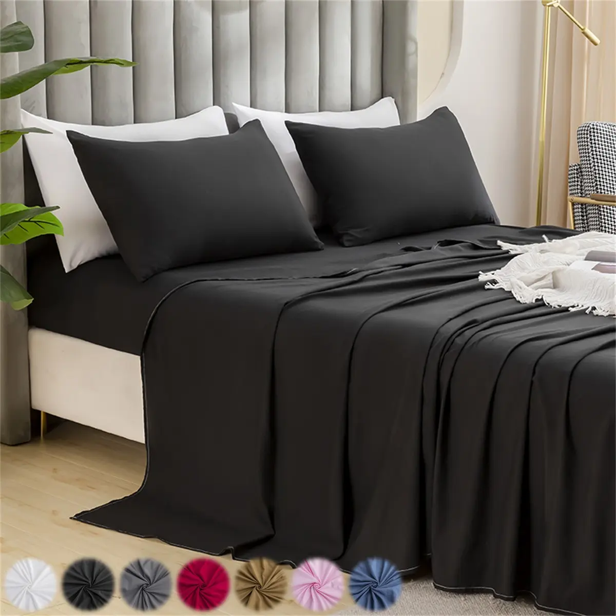 3/4 Piece Solid Brushed Bed Sheet Set, Soft Breathable Cooling Skin-Friendly Bedding, Dustproof Mattress Cover with Fitted Sheet, Flat Sheet & 1/2 Pillowcases for Bedroom Dorm Hotel