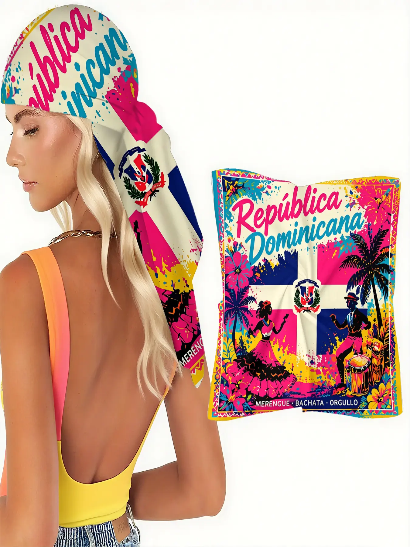 【Dominican Republic Culture】Scarf Shawl Wrap with National Flag, Coat of Arms, Merengue Bachata Dancers,  Perfect for Caribbean Heritage, Cultural Parades, Island Vacations and Diaspora Celebrations