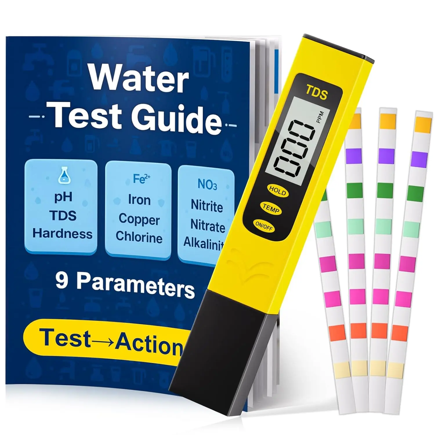 Water Test Kit - TDS Meter, 20 Test Strips (8 in 1), User Action Guide & 2 Record Sheets. Digital Water Tester for , Tap & Well Drinking Water.