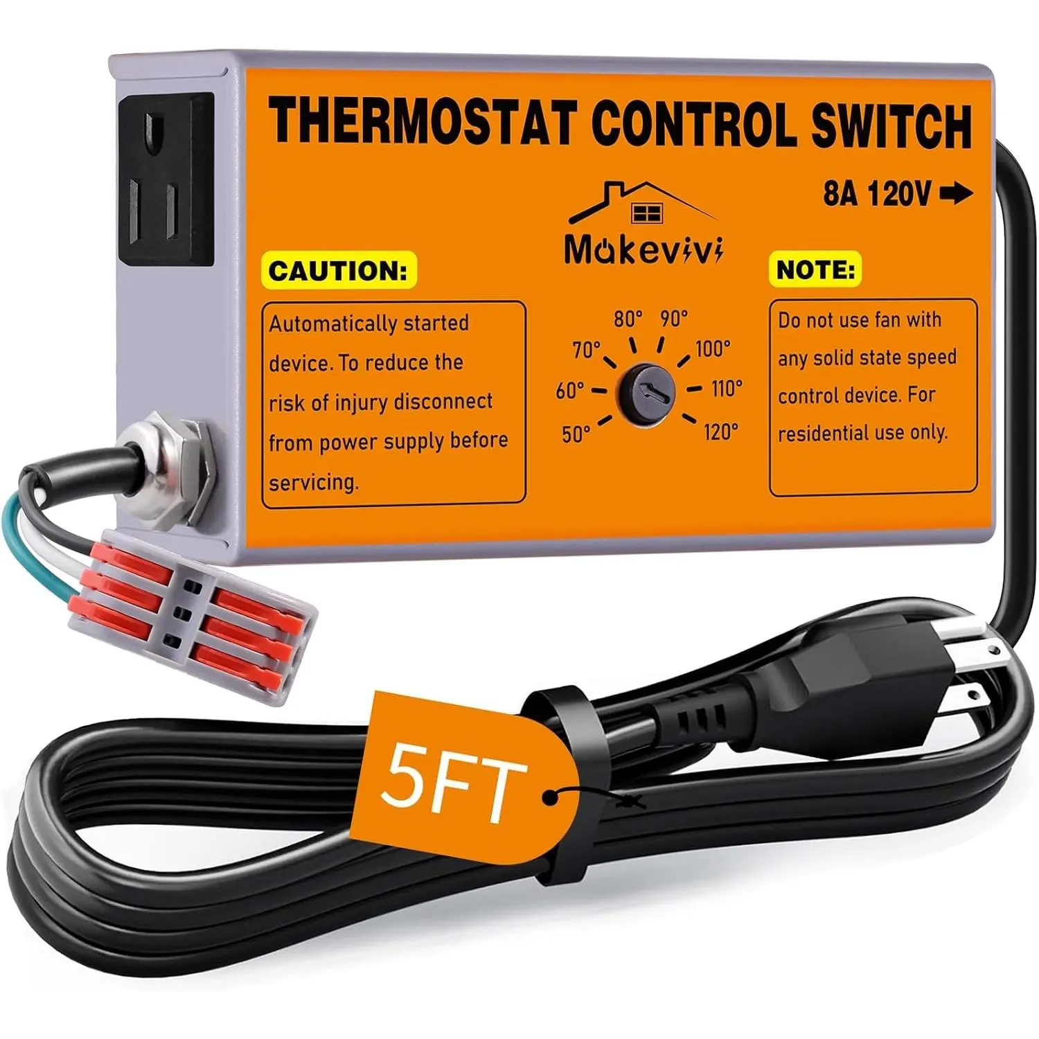 Attic Fan Thermostat Control with Socket and Wire Connector, Connectable to Two Fans, Replacement Thermostat with Overload Protector, Temperature Controlled Exhaust Fan for Workshop Greenhouse