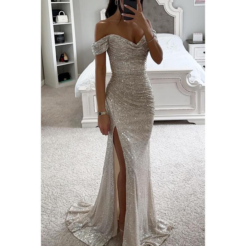 2026 Party Sequin Off-Shoulder Split  fluffy   Formal Womenswear dress Champagne Basic