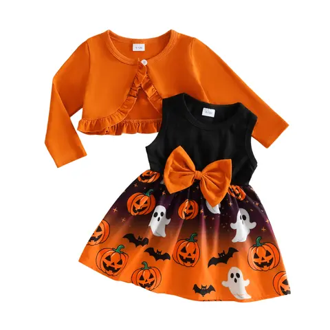 FOCUSNORM Toddler Baby Little Girls Halloween Outfits Pumpkin Ghost Bat Print Sleeveless Dress and Ruffle Long Sleeve Shrugs Set 6M-4T