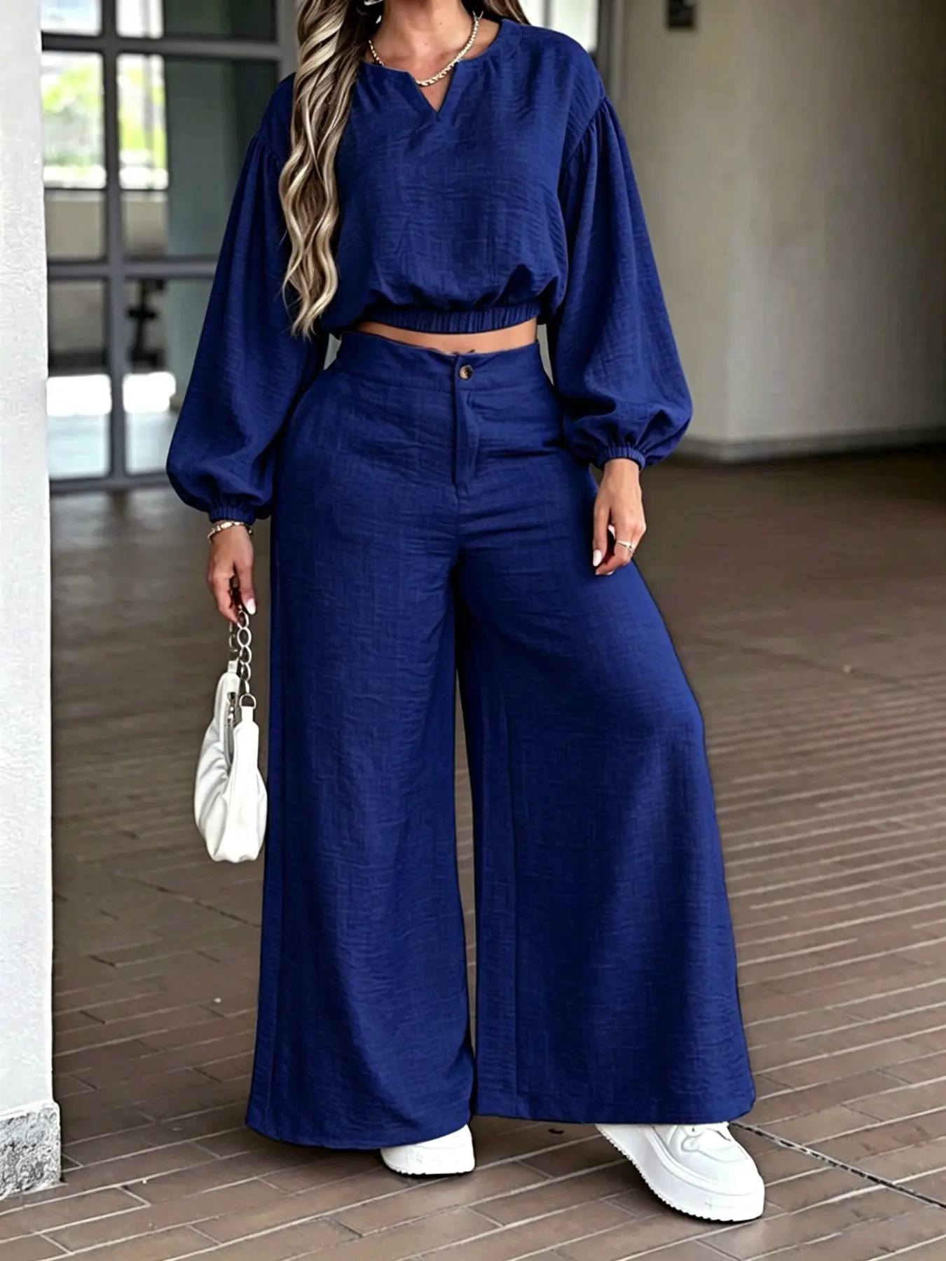 Women's Commuter Long Sleeve Fitted Crop Top and Wide Leg Pants Set, Two-Piece Loose Casual Wear, V Neck Design, Spring & Fall Fashion