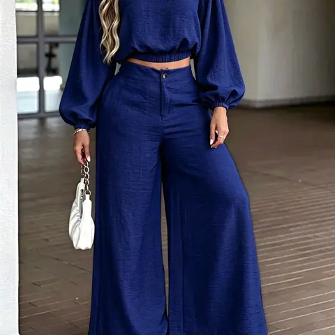 Women's Commuter Long Sleeve Fitted Crop Top and Wide Leg Pants Set, Two-Piece Loose Casual Wear, V Neck Design, Spring & Fall Fashion, Baggy
