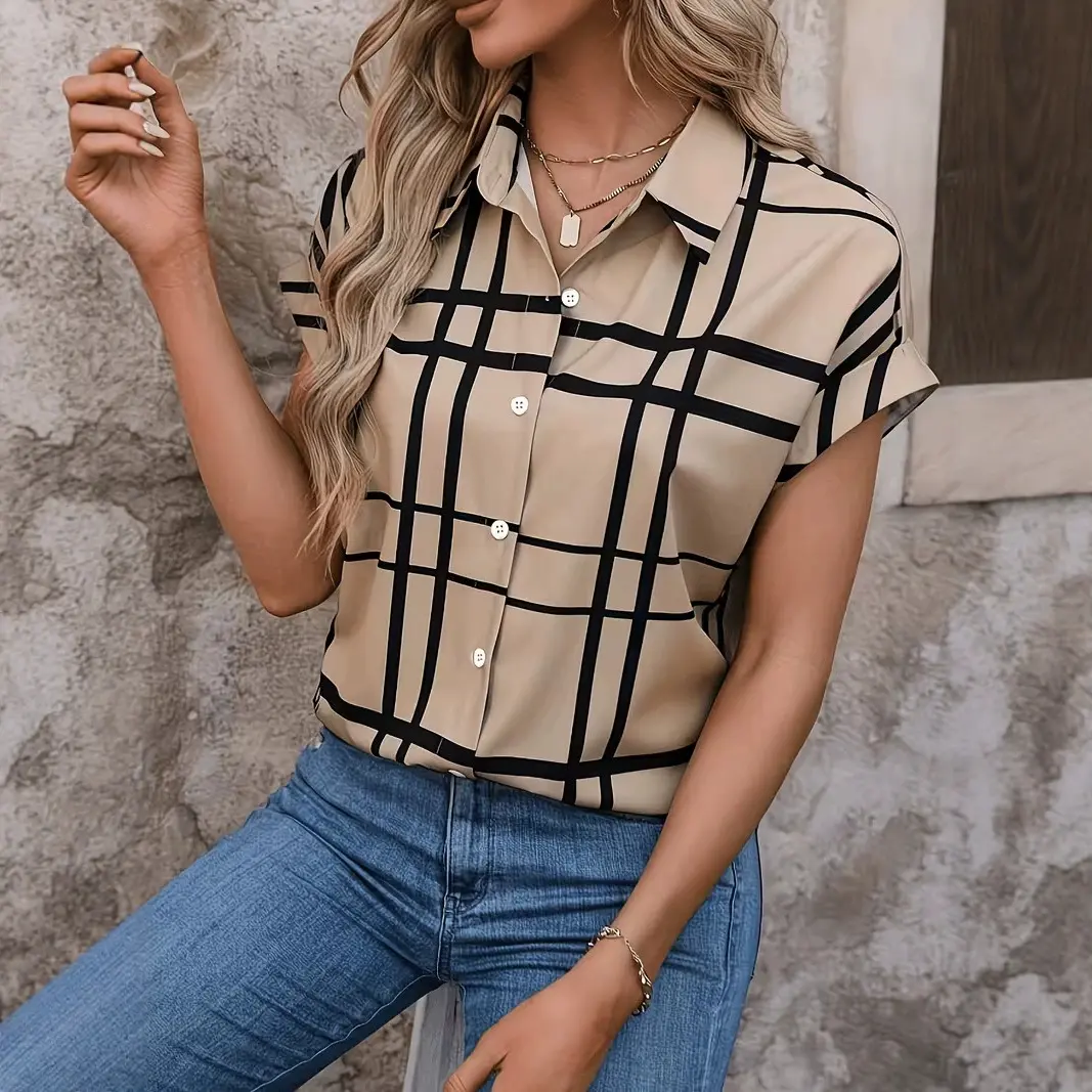 Women's Lightweight Plaid Check Short-Sleeve Collared Button-Down Shirt, Khaki-Black Windowpane Top, Modern Regular-Fit Casual Summer Workwear, Business Casual Office Outfit for Jeans, Shorts, Pants