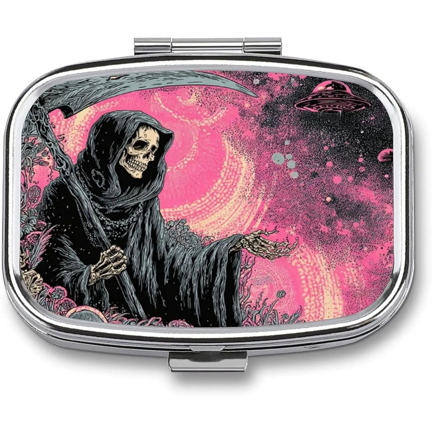 Metal Pill Organizer – 2-Compartment Pocket Pill Box for Vitamins, Supplements, Medications – Compact Travel Case (Grim Reaper Cosmic Pink)