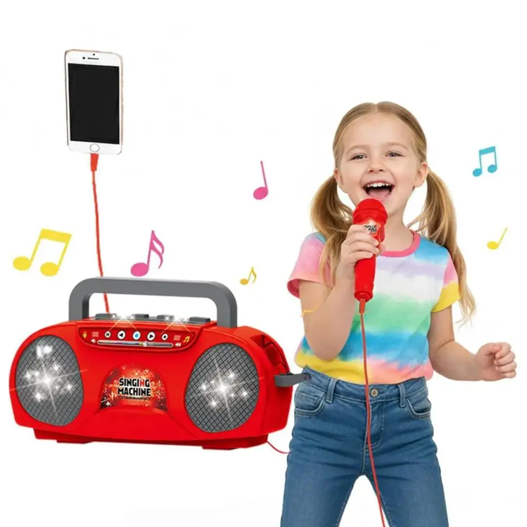 Kids' Portable Plastic Karaoke Machine - 15cm Height, 30cm Length Bluetooth LED Speaker with Wireless Microphone, Travel-Friendly Musical Toy for Boys, Ideal for Birthday, Interactive Fun with Captivating Light Effects, Music, Led Lights