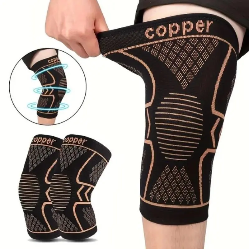 2 Pack Copper Compression Knee Sleeves, High-Elasticity Anti-Slip Breathable Knit Support, Sports, Running, Fitness, Basketball, Injury Prevention