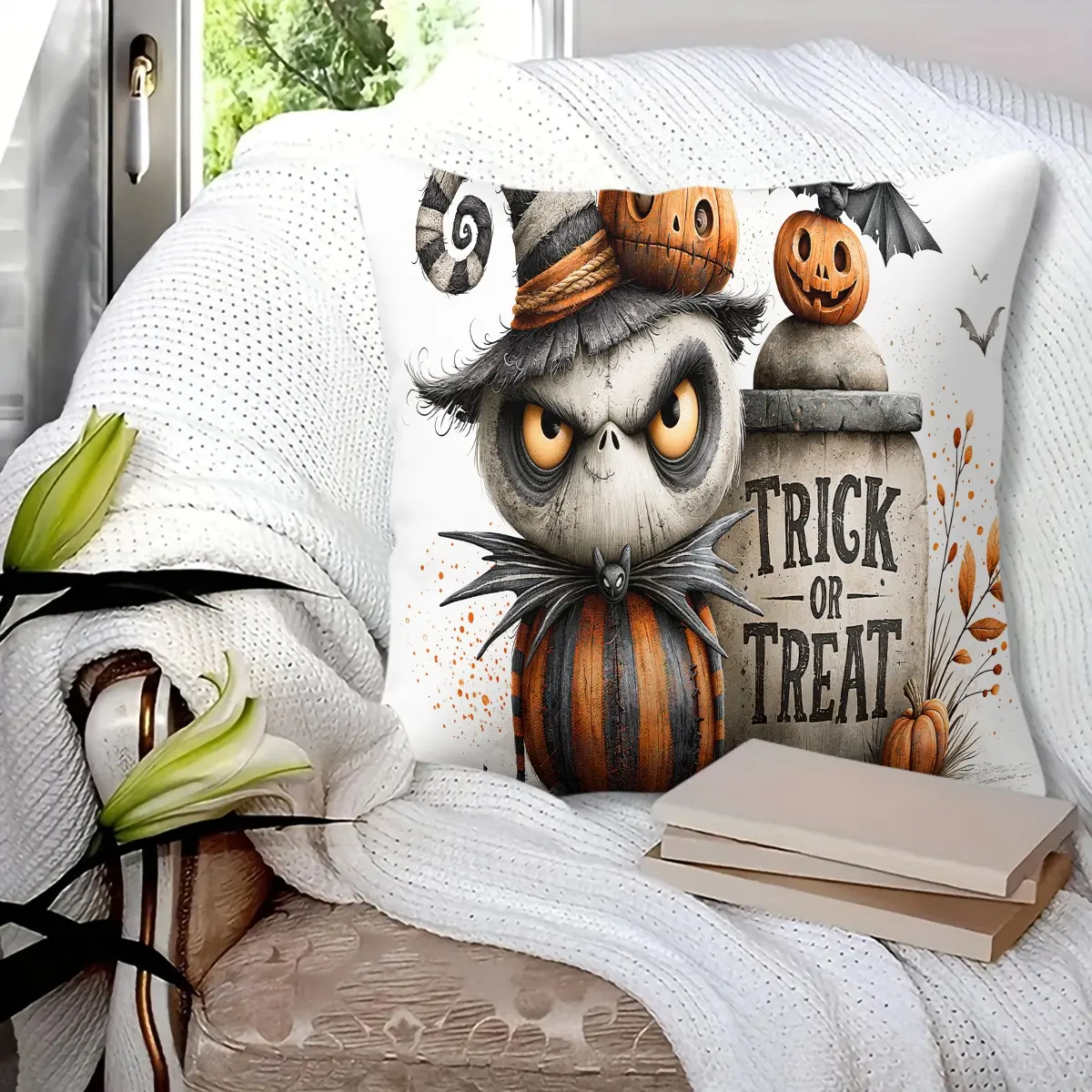45x45cm 1Pc, Halloween Trick or Treat Throw Pillow, Spooky Cute Goblin Pumpkin Decorative Cushion, Soft Fluffy Durable Home Decor Pillow, Perfect for Sofa, Bed, Bedroom Living Room, Ideal Halloween Holiday Gift