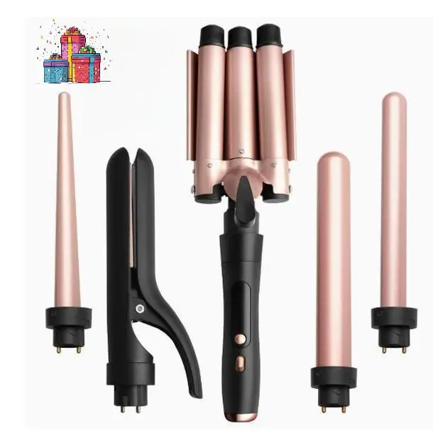 5-in-1 Ceramic Curling Wand & Straightener Set, Salon-Grade Professional Hair Styling Tools with Thermal Brush, Fast Heating, Interchangeable 0.75/1 in Barrels, Dual Voltage