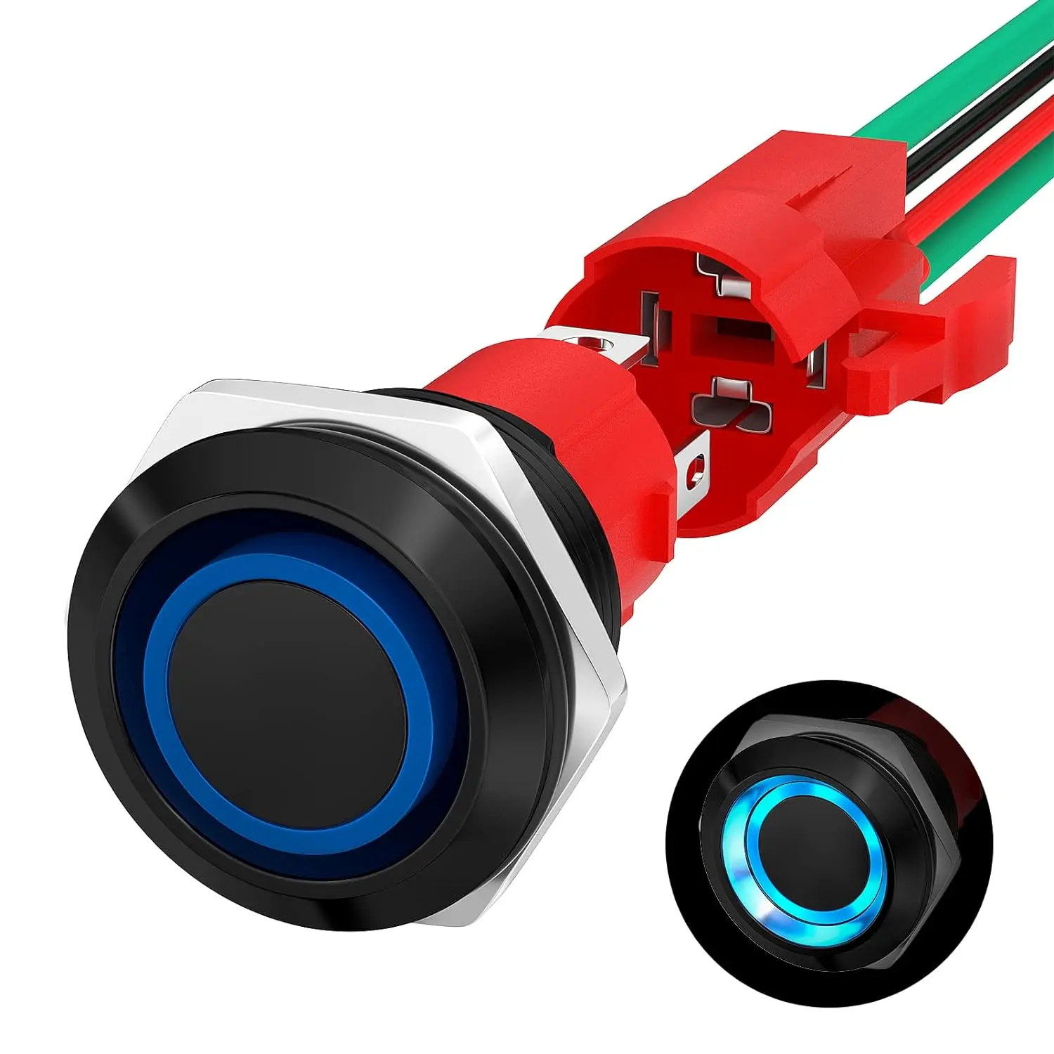20A Rating 19MM Latching Push Button Switch, 12V with 12 Blue LEDs, 20A Heavy-Duty IP67 Rated for Marine Boat Electrical Applications