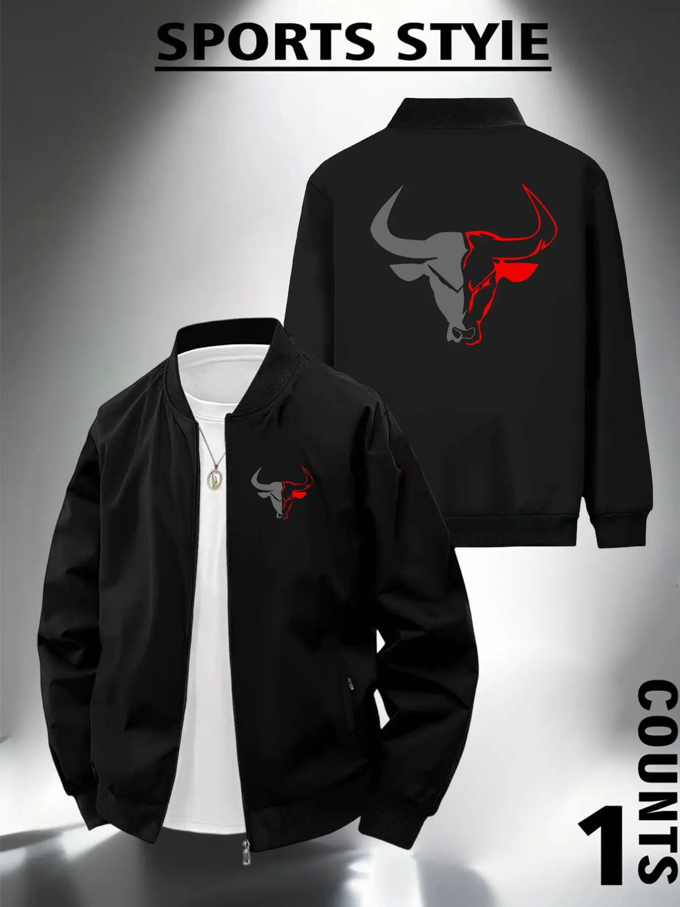 Men's Casual Stand Collar Jacket with Bull Head Pattern, Business Style Outdoor Sports Coat, Zipper Design, All Seasons Wear
