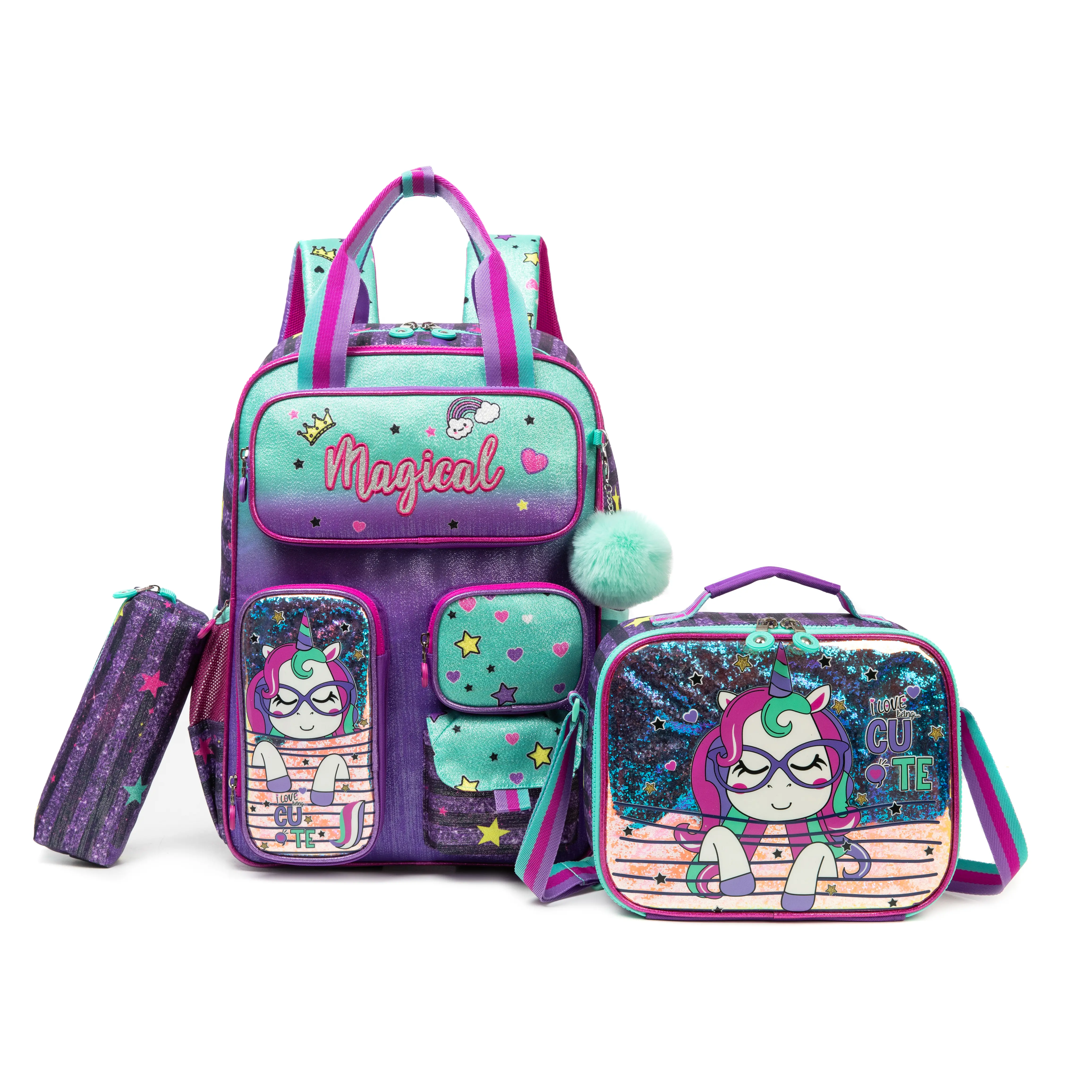 Girls' 3pcs Unicorn Backpack Set, Magical Teal-Purple Ombre Glitter School Bag with Lunch Box & Pencil Case, Cute Stylish Daypacks, Glasses-Adorned Kids Bookbag 2026