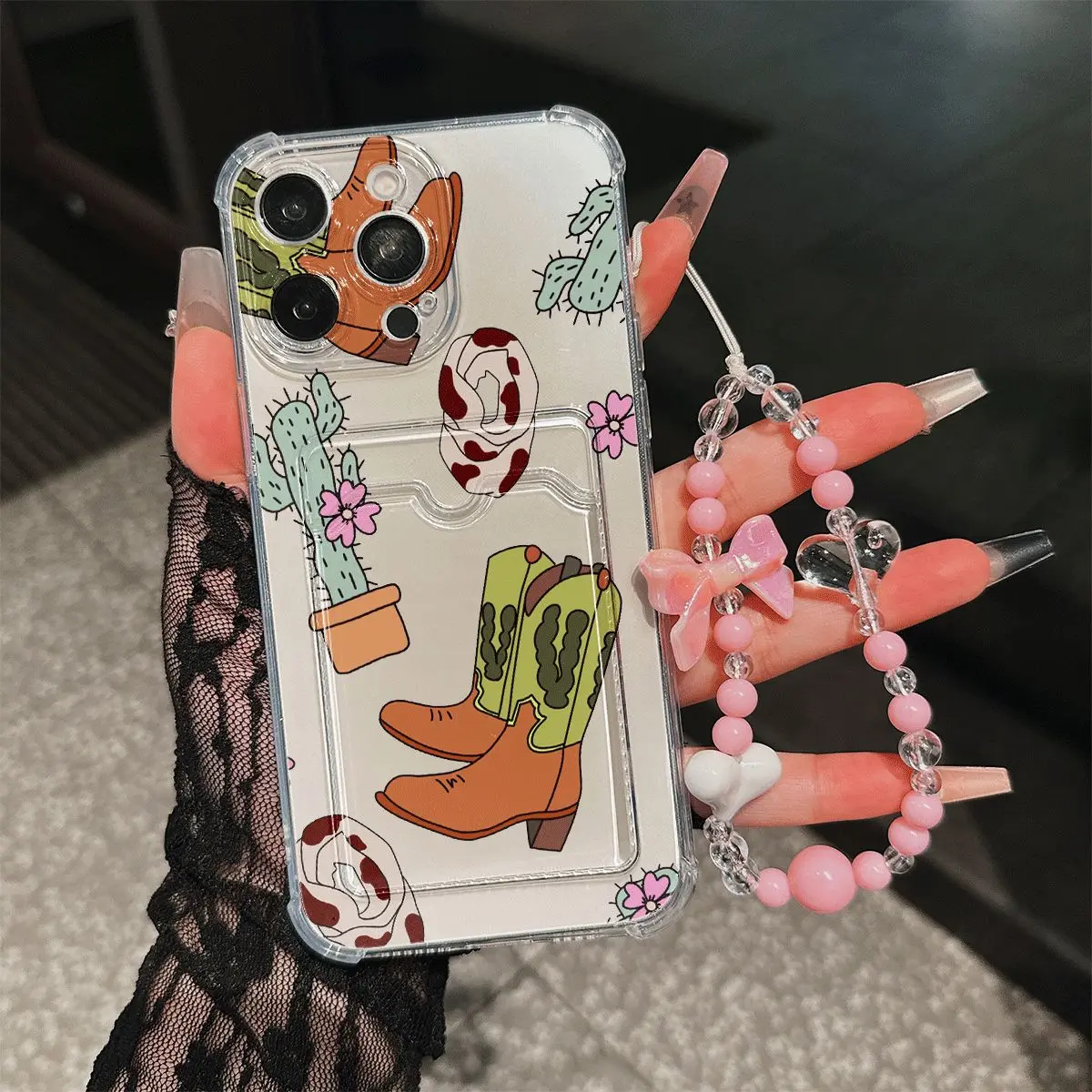 Western Cowboy Boot Cactus Phone Case Aesthetic Cow Print Shockproof Card Holder with Beaded Lanyard for iPhone11-17promax IPhone11/12/13/14/15/ Promax16/16Promax/16pro/16plus