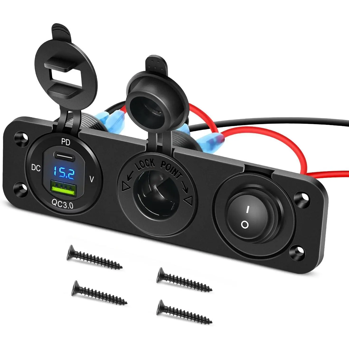 Nlilght 4 in 1 Charger Socket Panel PD Type C and QC 3.0 USB with LED Voltmeter Display and Cigarette Lighter Power Cutoff Switch for Cars Trucks UTV ATV