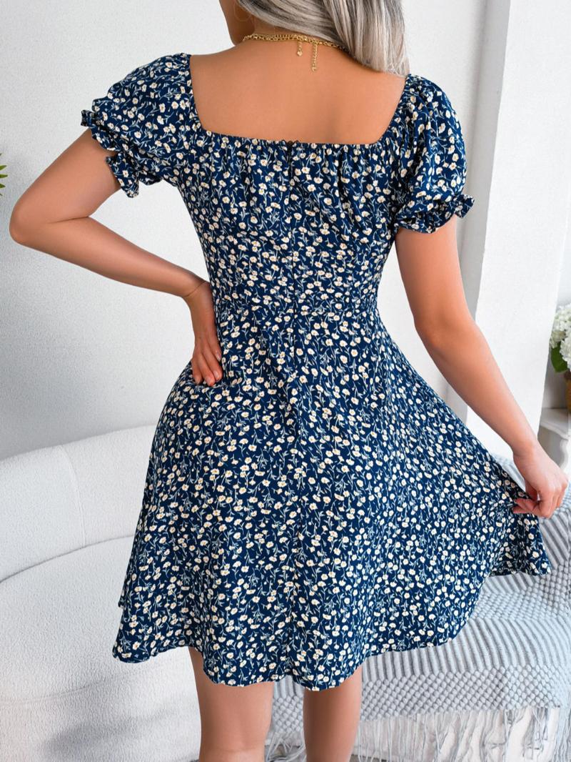 Women's Ditsy Floral Print Tie Front A Line Dress, Summer Outfits 2024, Boho Romantic Frill Sweetheart Neck Short Dress for Beach Vacation Holiday, Frenchy Style Summer Clothes Women