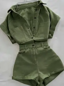 New Casual Workwear Romper Overalls for Women, Multi-Pocket Short Sleeve Shorts Dress, Comfortable and Stylish for Daily Wear