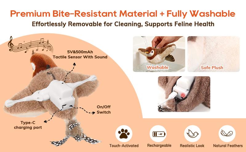 Cat Toys USB Rechargeable Flapping Bird Cat Toy with Chirping Sounds Interactive Play for Cats & Small Dogs Touch Activated Simulates Real Bird Chirps and Wing Flapping Motion