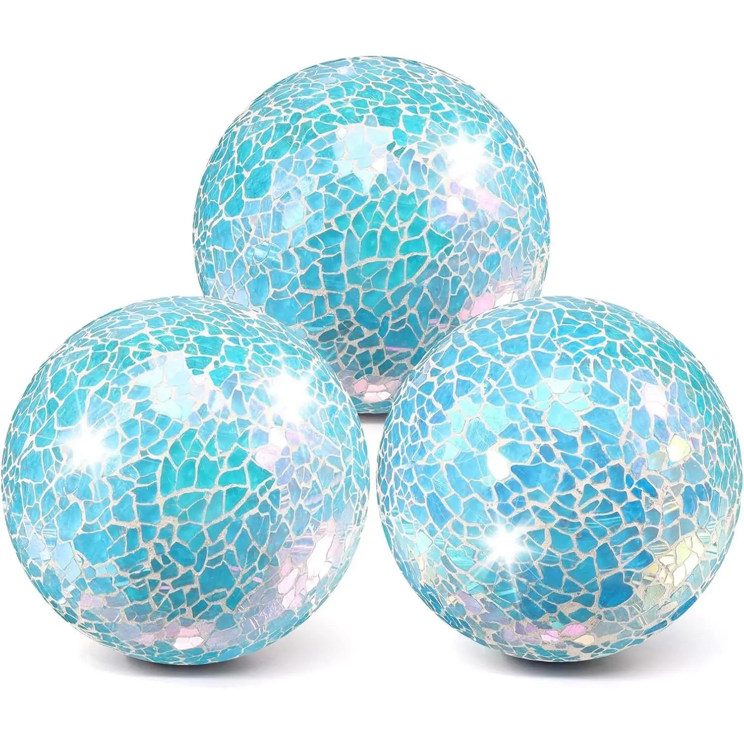 3-Piece Shiny Blue Mosaic Glass Decorative Balls Set with Foam Base, 8.5cm/3.35in, for Living Room Table Decor, Wedding Party Home Centerpiece Supplies