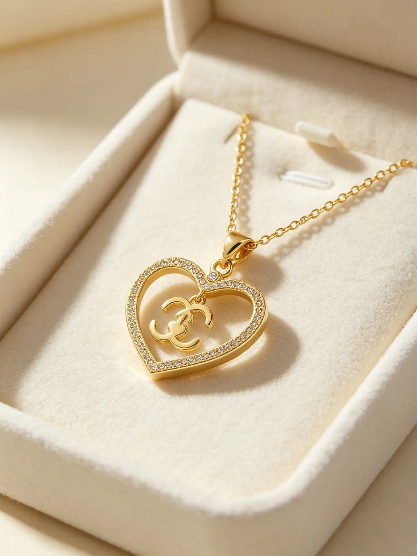 1Pcs Fashionable New Women's Heart-Shaped Zircon Pendant Necklace, Double C Boat Anchor Pendant Necklace, Double C Exquisite Hypoallergenic Jewelry, Valentine's Day Birthday Anniversary Gift