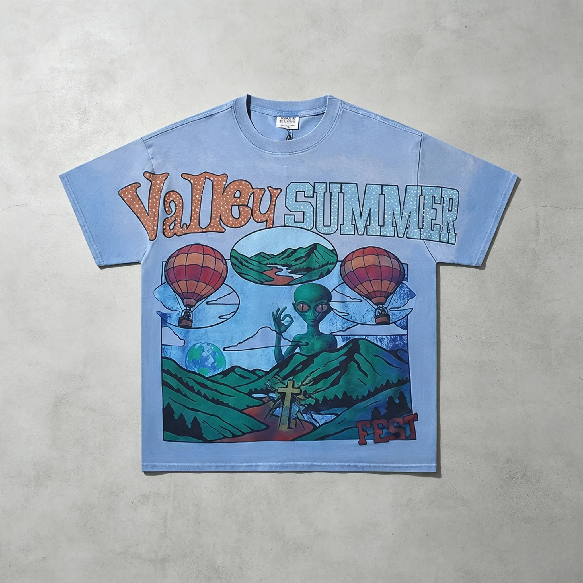 VALLEY Men's Oversized Hot Drill Rhinestone Letter T-Shirt, Vintage Blue Short-Sleeve Cotton Fabric Top, Menswear Streetwear Bling Rock Graphic Summer Outfit, Gym Daily Casual Tee, Father's Day Gift Outfit