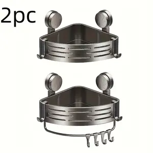 Double-layer vacuum suction cup triangle shelf with rod, no drilling required, no adhesive needed, bathroom corner wall storage rack, suitable for bathroom corner wall storage, made of plastic ABS material, rust-proof, water-draining, vacuum suction cup