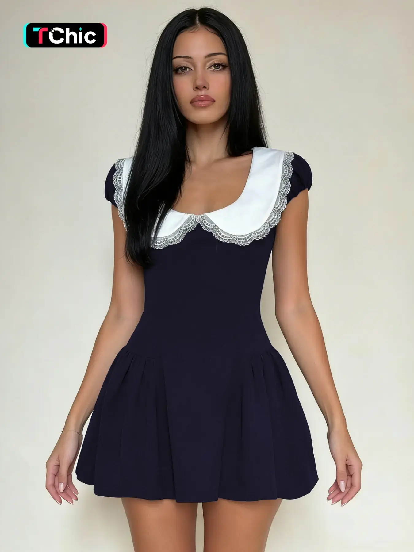 Women‘s Colorblock Lace Trim Short Sleeves Bodycon Pleated Babydoll Dress, Sweet Contrast Color Patchwork Peter Pan Collar Round Neck A-line Short Dress, Party Club Date Holiday Preppy Y2K Elegant Casual Dresses For Ladies Summer Fashion Clothes Wear