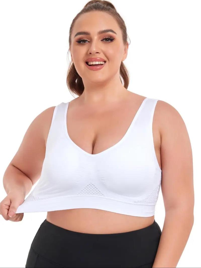 1XL-5XL,Women's Plus Size Wireless Seamless Bra Set, Breathable Hollow Back Crop Top, Wide Strap Basic Bra,All Seasons, Casual Style