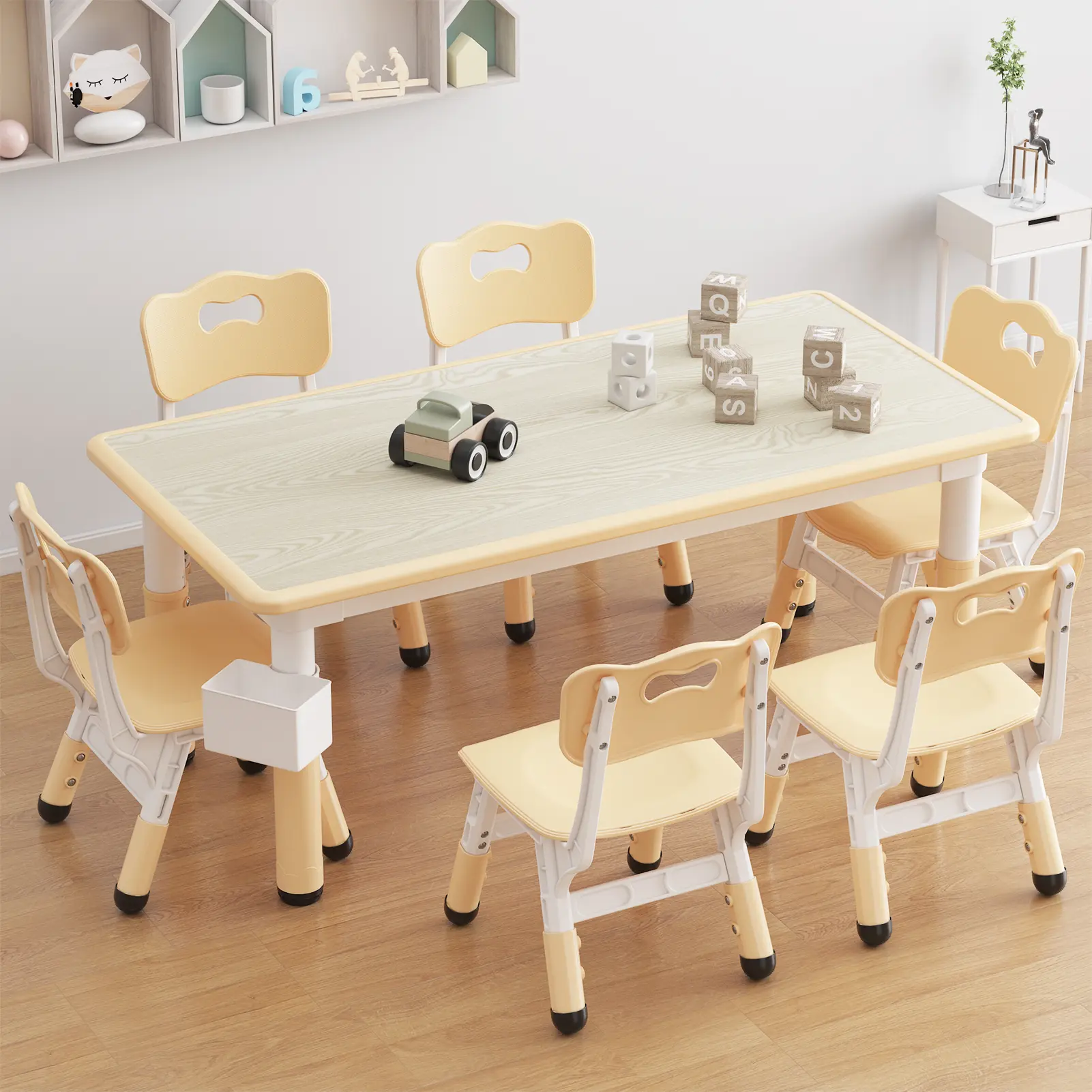 Height Adjustable Kids Table with 6 Chairs Set, Graffiti Writable Desktop Non Slip Legs Equipped with Storage Box, Multi Functional Toddler Activity Table for 2-10 Years Old, Home Daycare Preschool Study Room