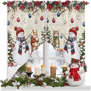 Christmas Swag Valances for Windows Christmas Tree Snowman Rod Pocket Window  Poinsettia Leaves Balls Kitchen Window Curtains Swag Curtain Valance for Living Room, Bedroom 56" W x 36" L