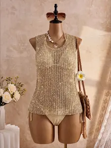 Graduation Season Sparkly Metallic Knit Tank Top for Women, Sleeveless Crew Neck Slim Fit Top, Luxury Chic Womens Top, Y2K Trendy Going Out Knit Top, Perfect for Festivals, Date Nights, Parties and Vacation Outfits