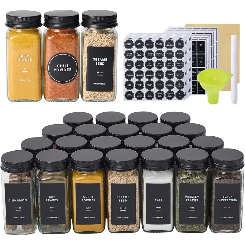 36 Glass  Jars with 576 Labels- Jars with Black Metal Caps, 4oz Empty Square  Containers with Shaker Lids, Funnel, Chalk Pen, Seasoning Bottles for  Rack, Drawer, Cabinet