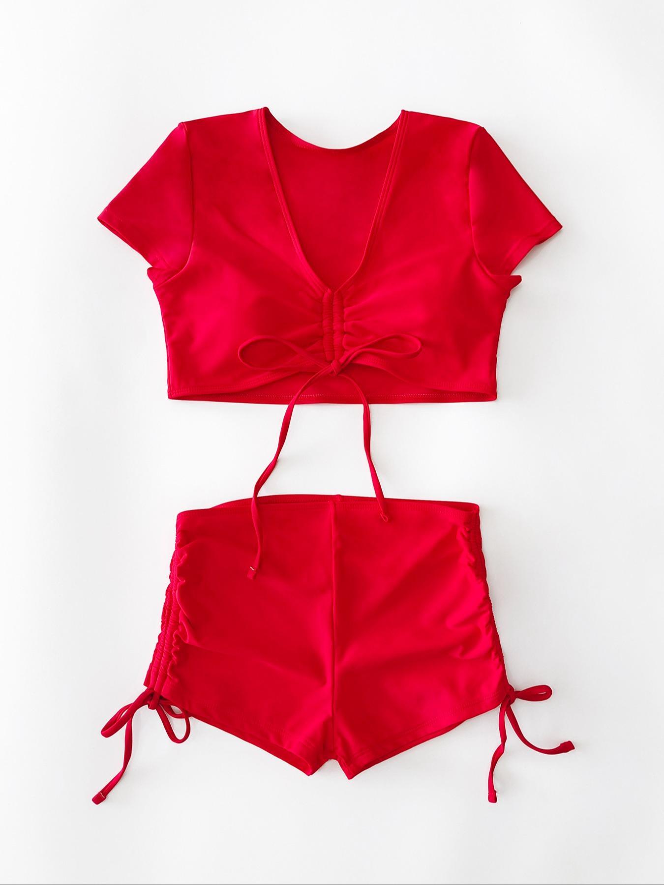 Two-Piece Set Women's Solid Ruched Drawstring Skinny Swimsuit Set, Casual V Neck Short Sleeve Tie Front Swim Top & High Waist Drawstring Side Swim Shorts, Ladies Summer Beach Holiday Vacation Swimwear, Tankini With Shorts